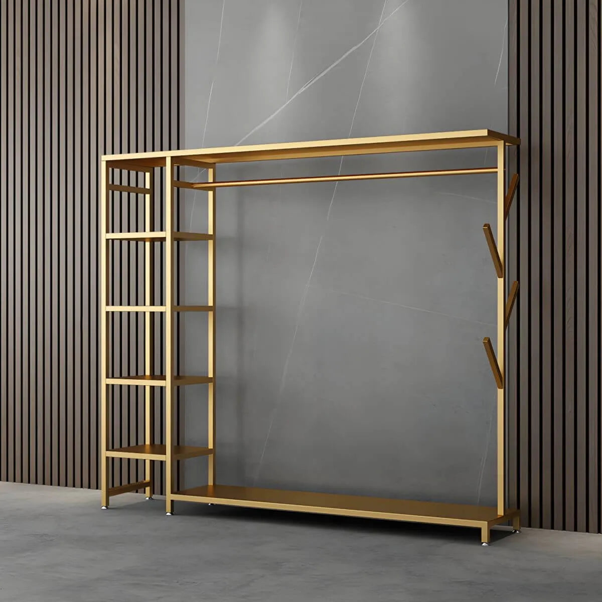 Modern Black & Gold Metal Hall Tree with Shelves and Hooks