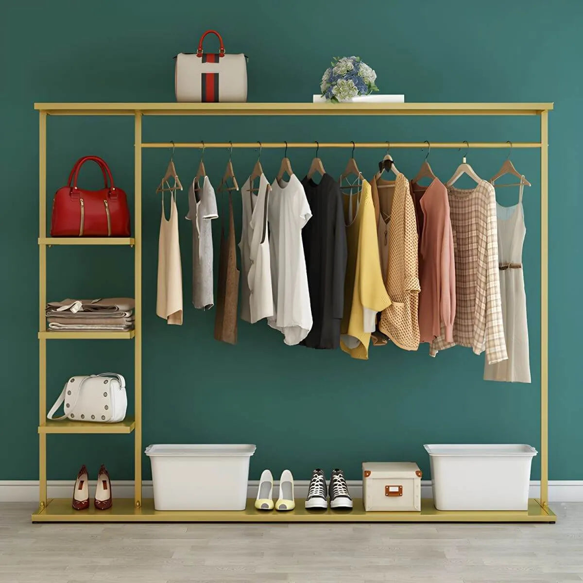 Modern Black & Gold Metal Hall Tree with Shelves and Hooks