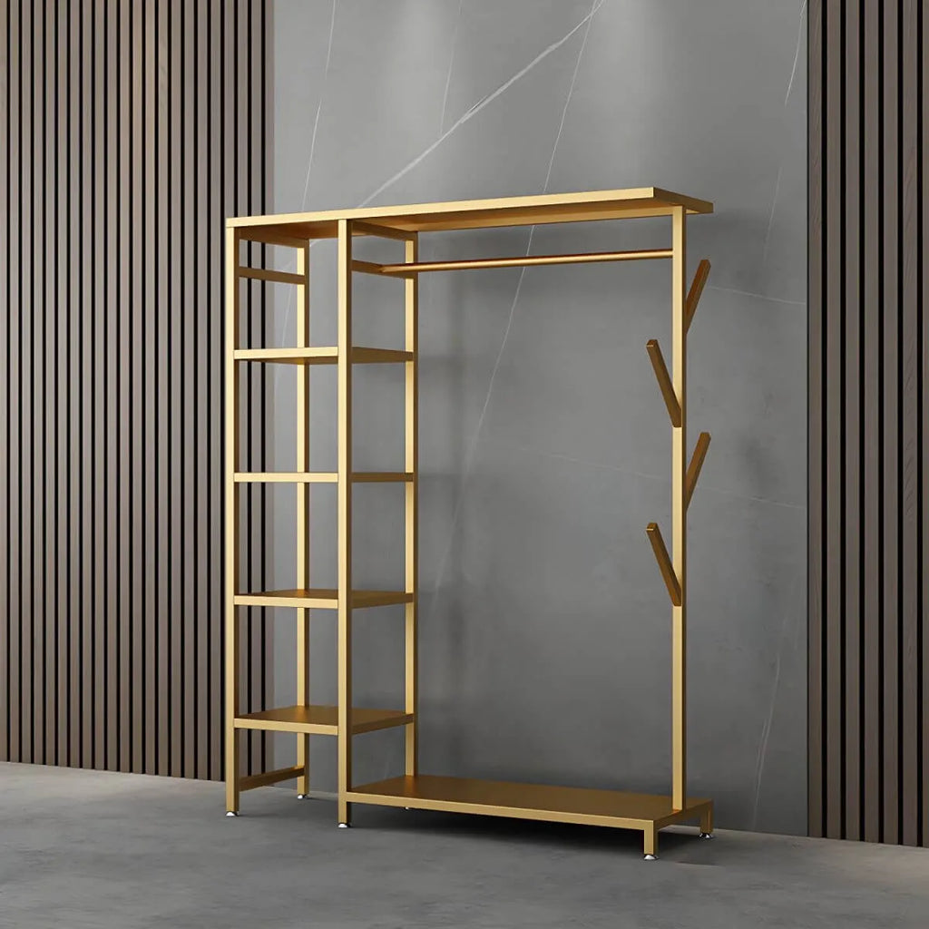 Modern Black & Gold Metal Hall Tree with Shelves and Hooks