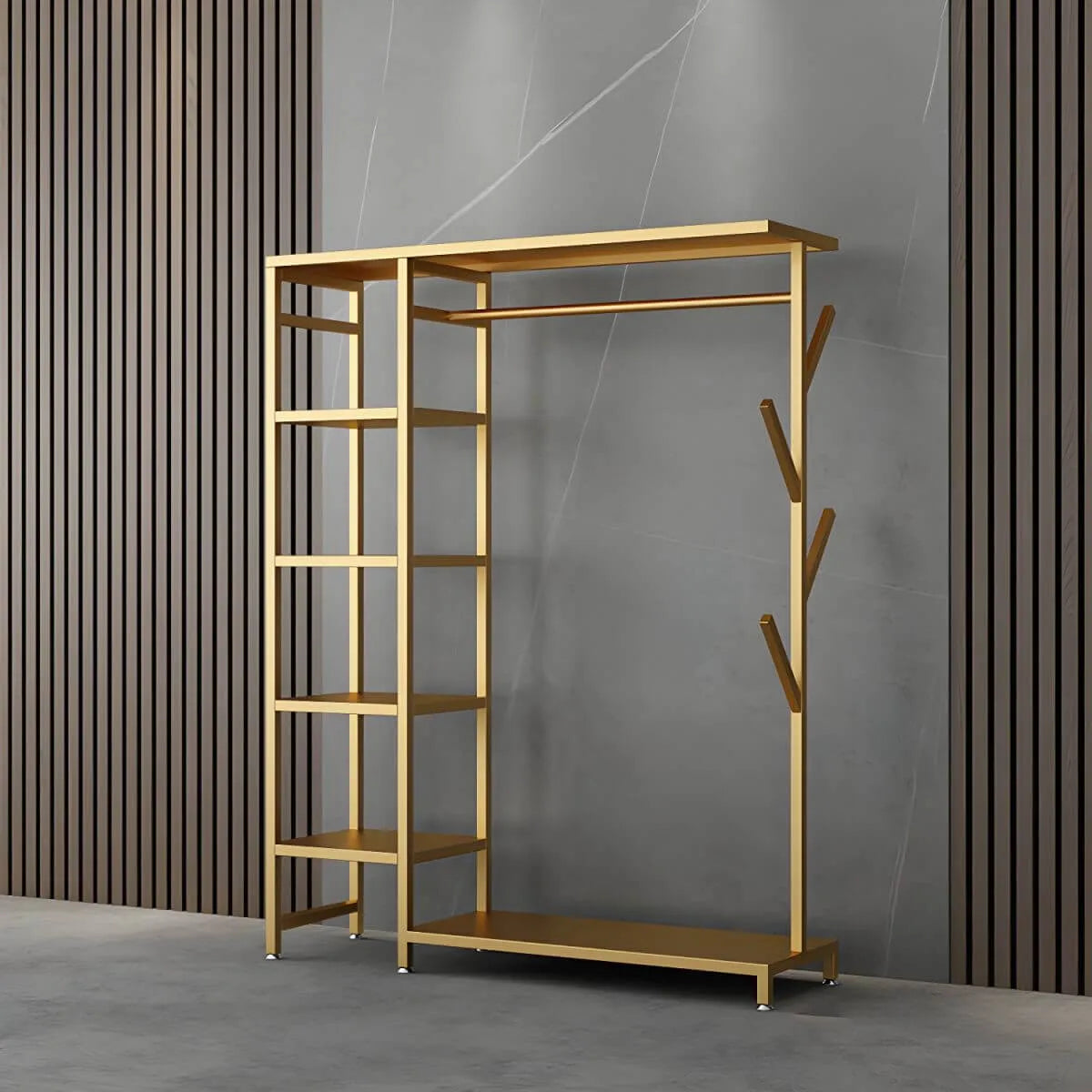 Modern Black & Gold Metal Hall Tree with Shelves and Hooks