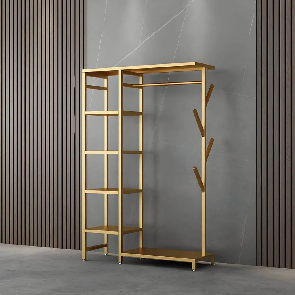 Modern Black & Gold Metal Hall Tree with Shelves and Hooks