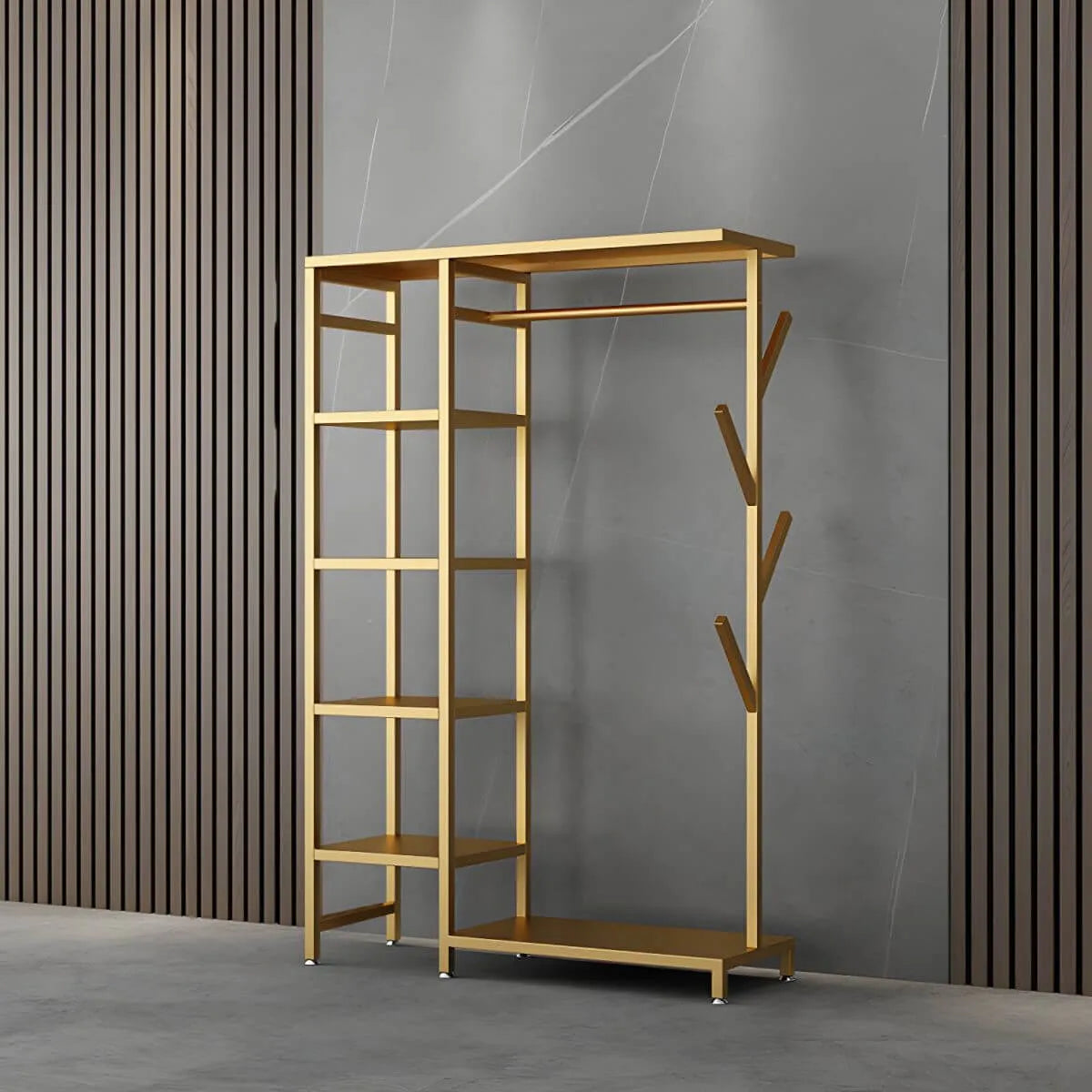 Modern Black & Gold Metal Hall Tree with Shelves and Hooks