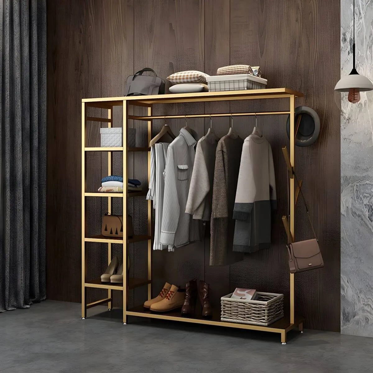 Modern Black & Gold Metal Hall Tree with Shelves and Hooks