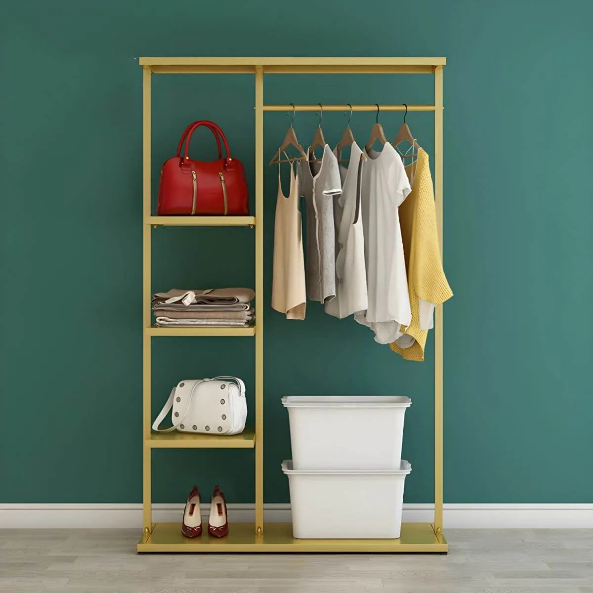 Modern Black & Gold Metal Hall Tree with Shelves and Hooks