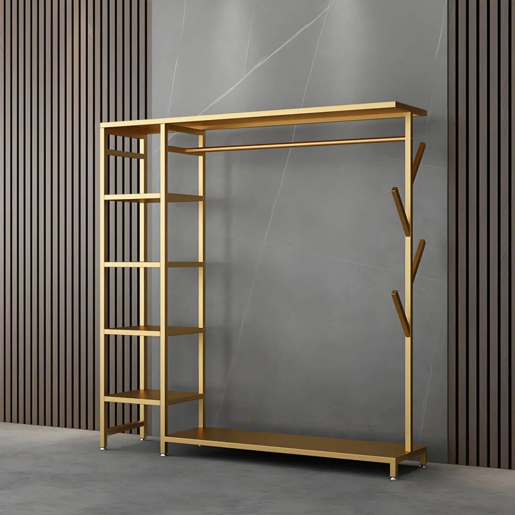 Modern Black & Gold Metal Hall Tree with Shelves and Hooks