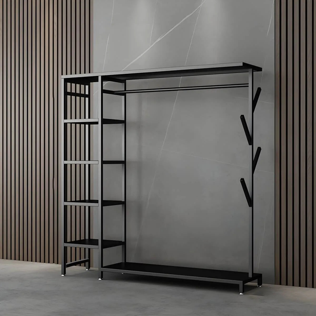 Modern Black & Gold Metal Hall Tree with Shelves and Hooks