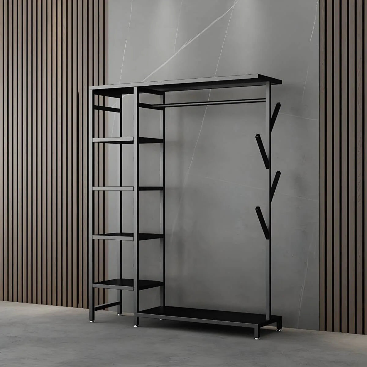 Modern Black & Gold Metal Hall Tree with Shelves and Hooks