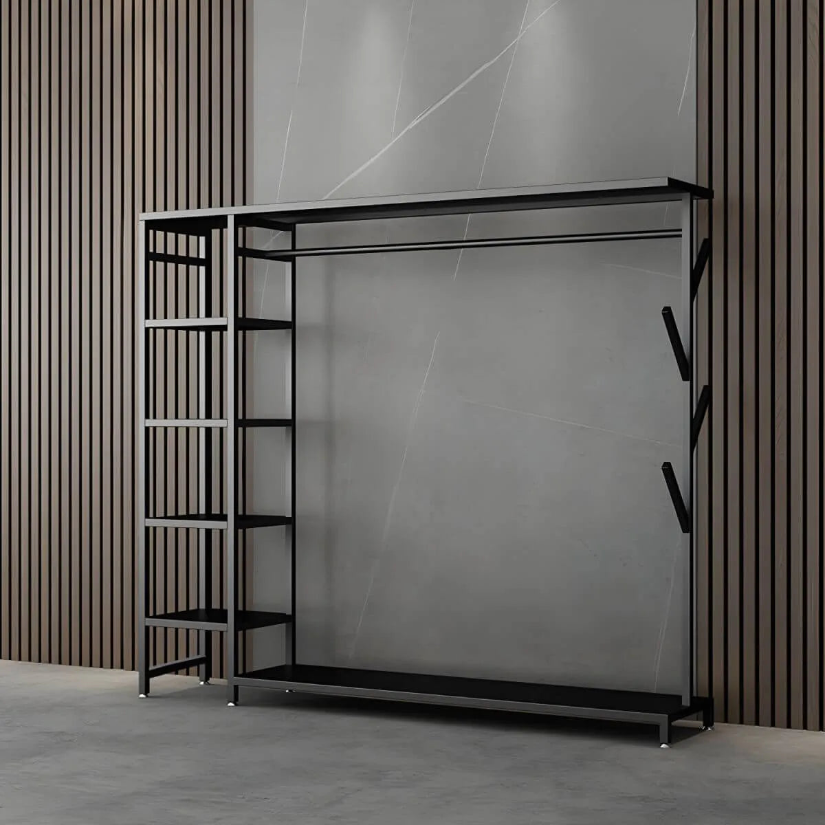 Modern Black & Gold Metal Hall Tree with Shelves and Hooks