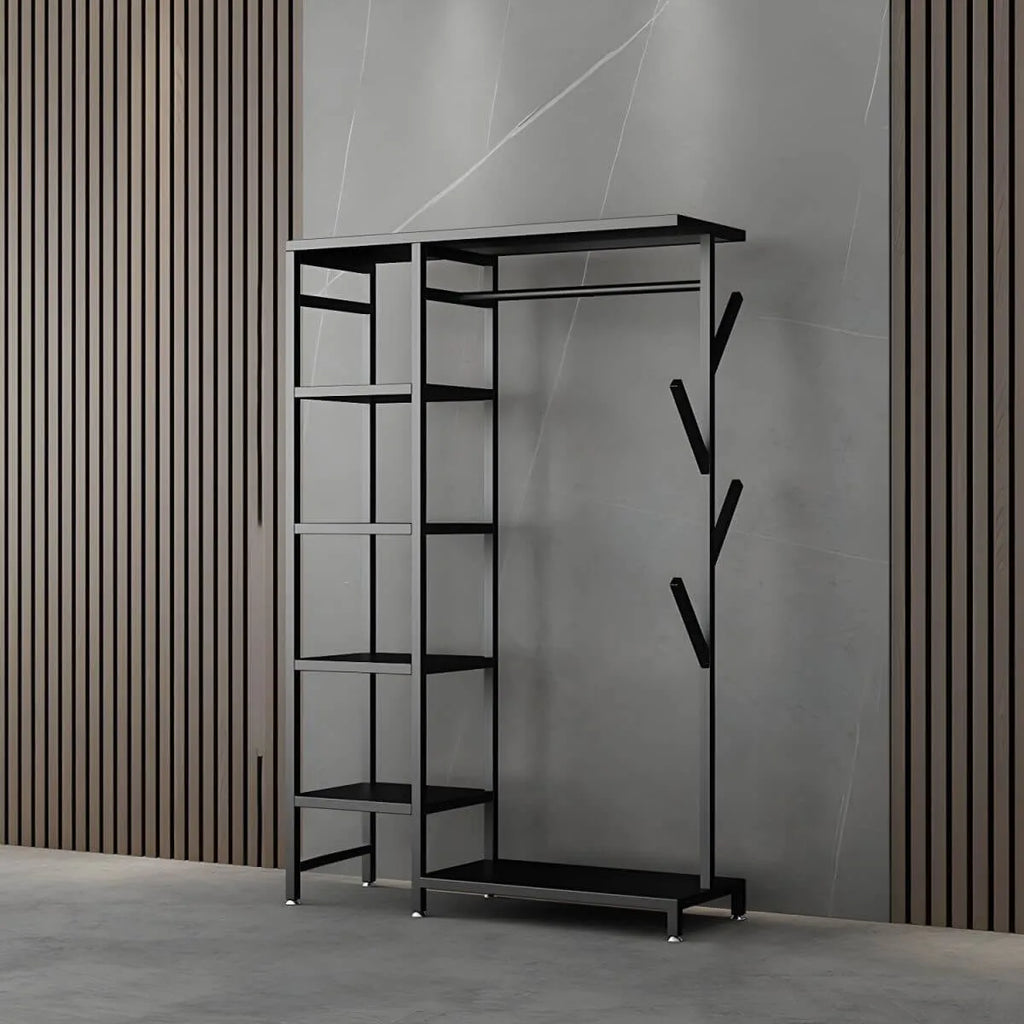 Modern Black & Gold Metal Hall Tree with Shelves and Hooks