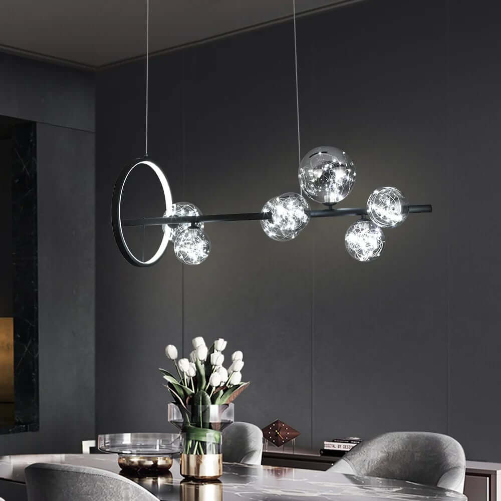 Modern Black Metal 7-Light Globe Pendant with Gray Glass Shades Zweitbild