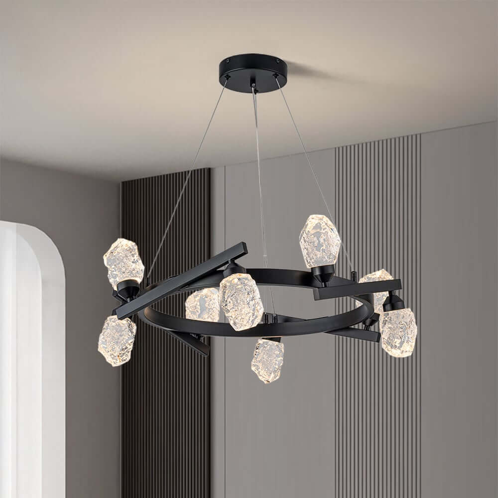 Modern Black Metal 8-Light Chandelier with Crystal Shades