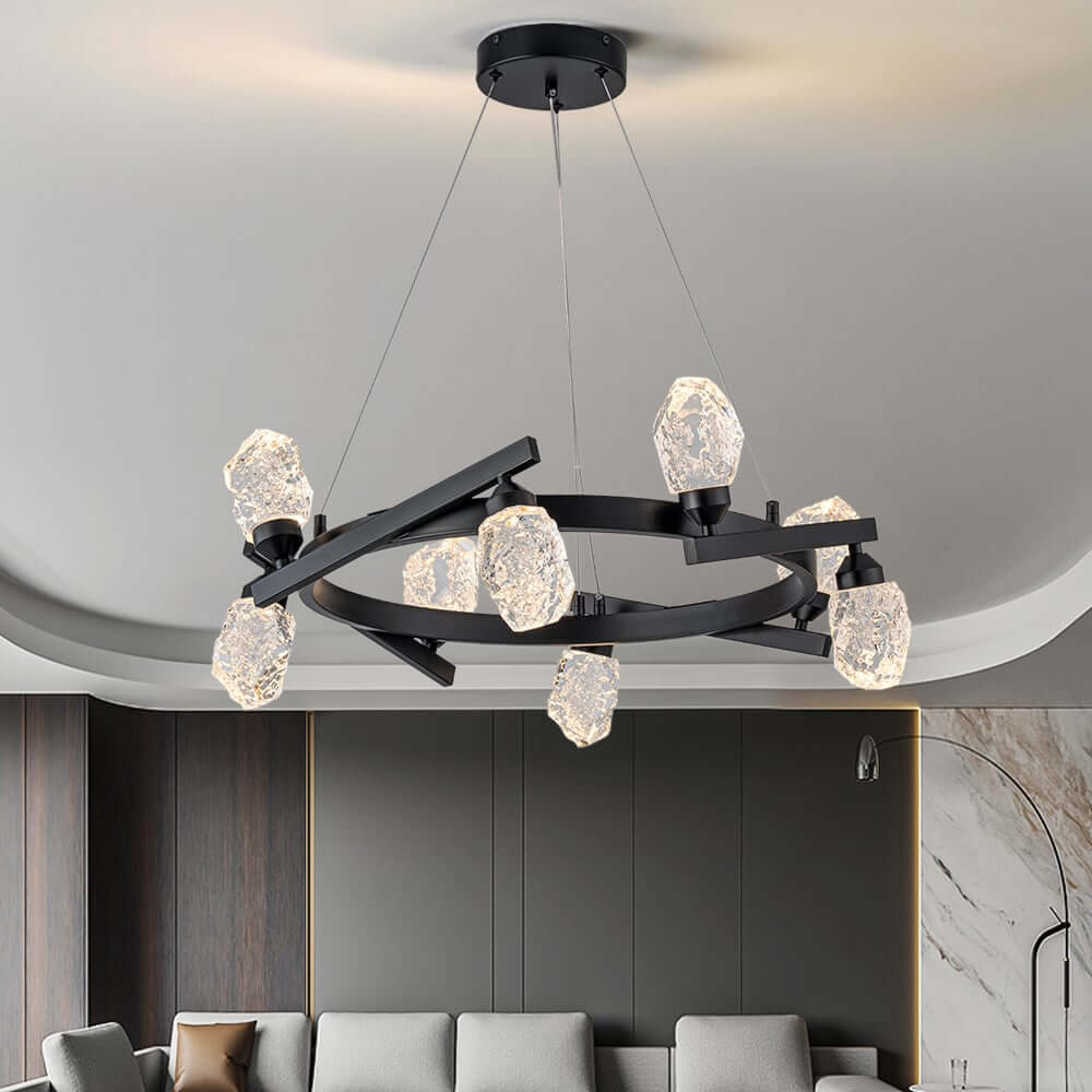 Modern Black Metal 8-Light Chandelier with Crystal Shades