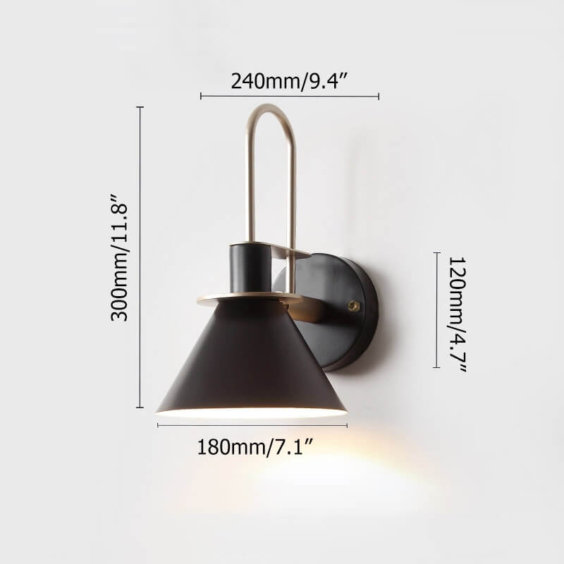 Modern Black Metal Armed Wall Sconce with Down-Lighting Cone Shade Dimensions