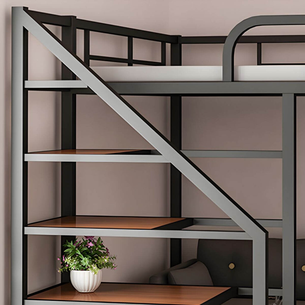 Modern Black Metal Loft Bed with Storage and Guardrails
