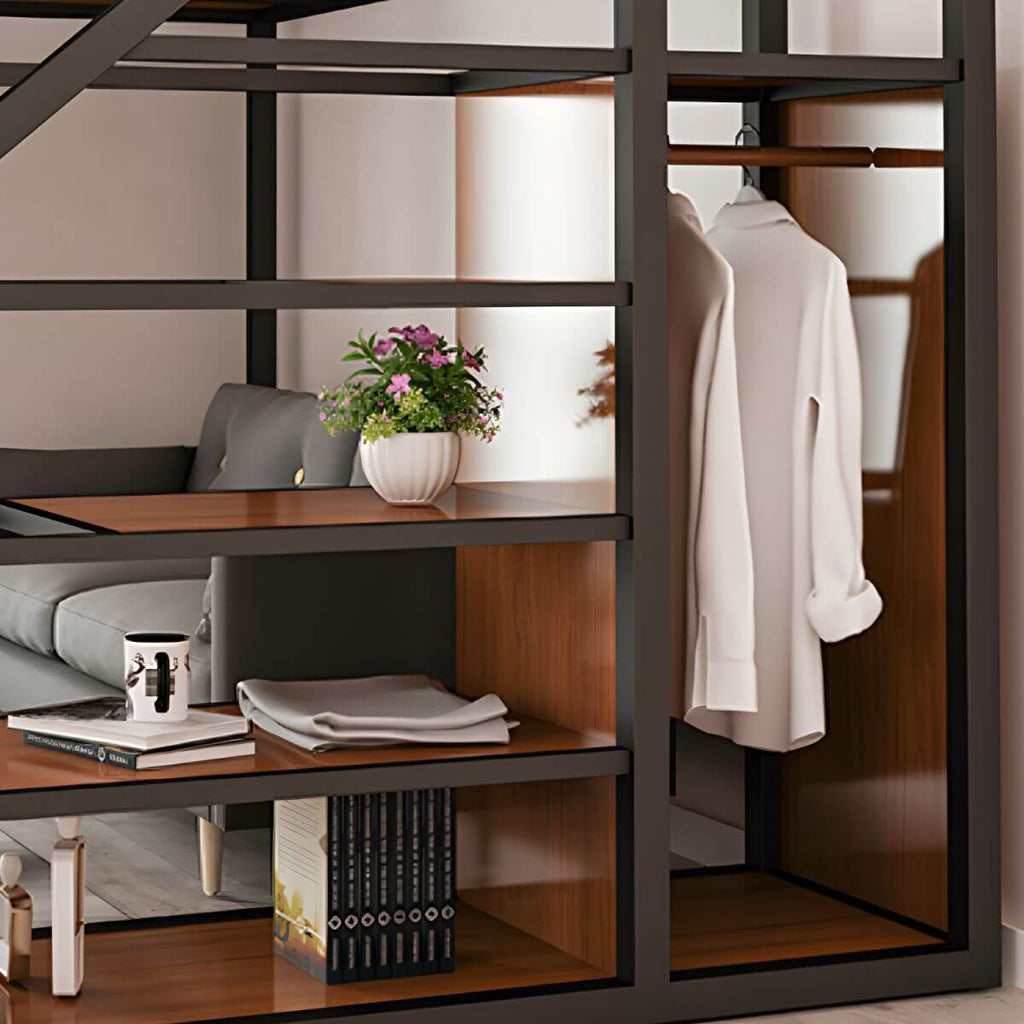 Modern Black Metal Loft Bed with Storage and Guardrails