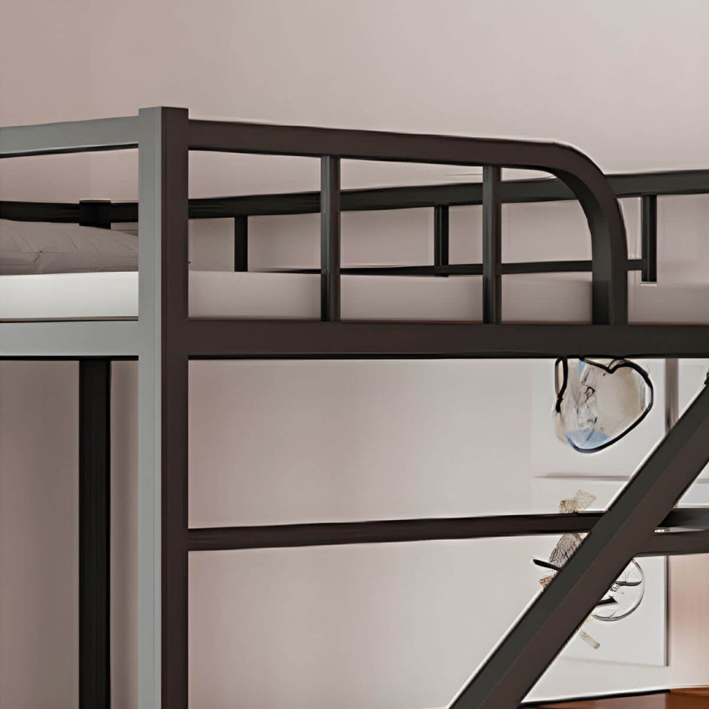 Modern Black Metal Loft Bed with Storage and Guardrails