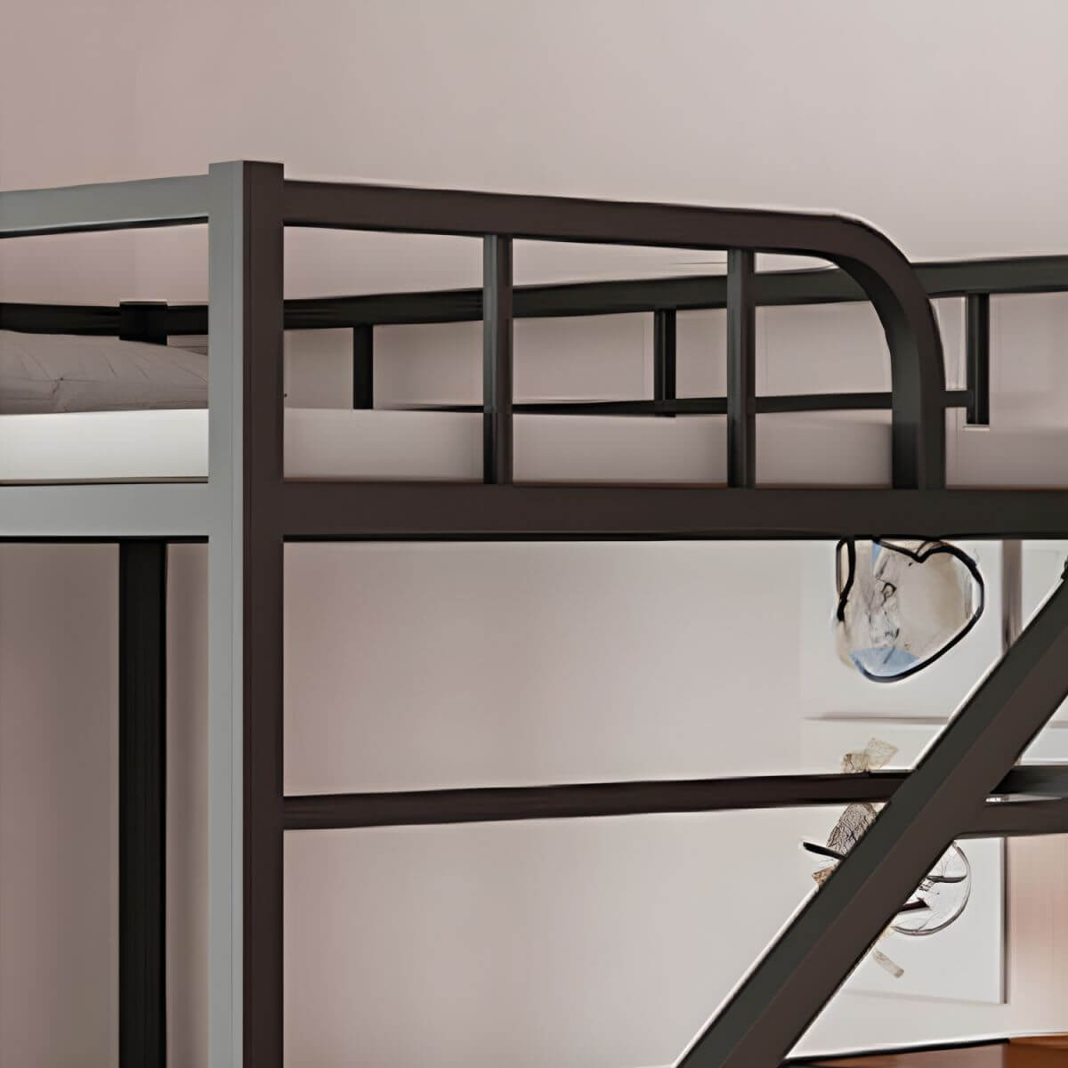 Modern Black Metal Loft Bed with Storage and Guardrails