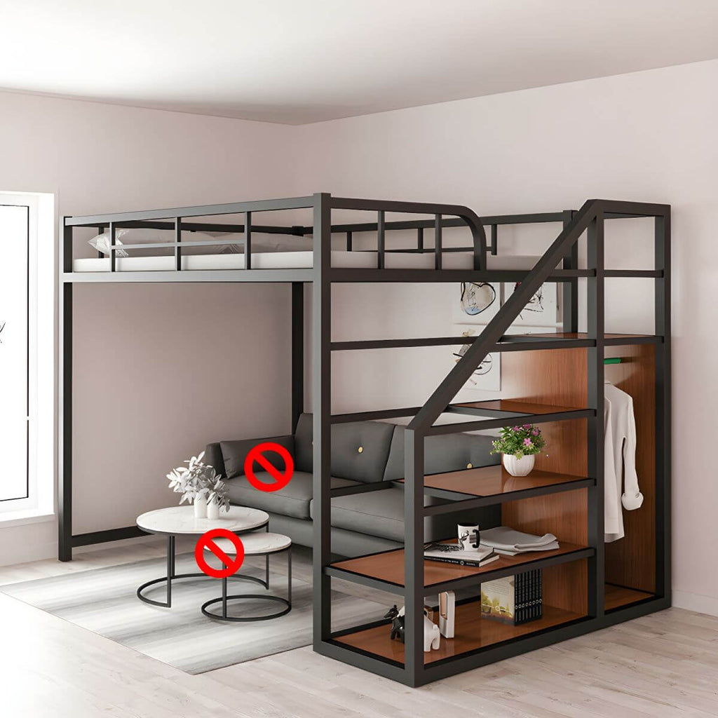 Modern Black Metal Loft Bed with Storage and Guardrails