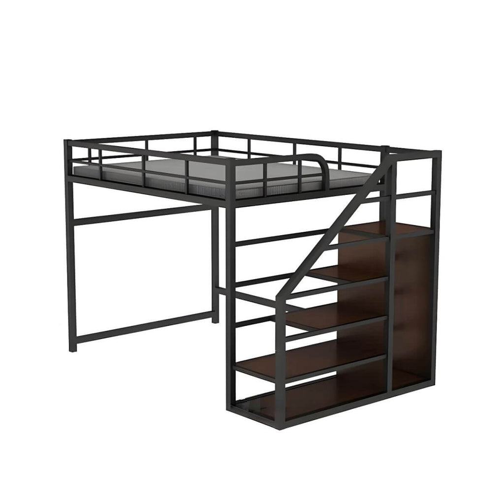 Modern Black Metal Loft Bed with Storage and Guardrails