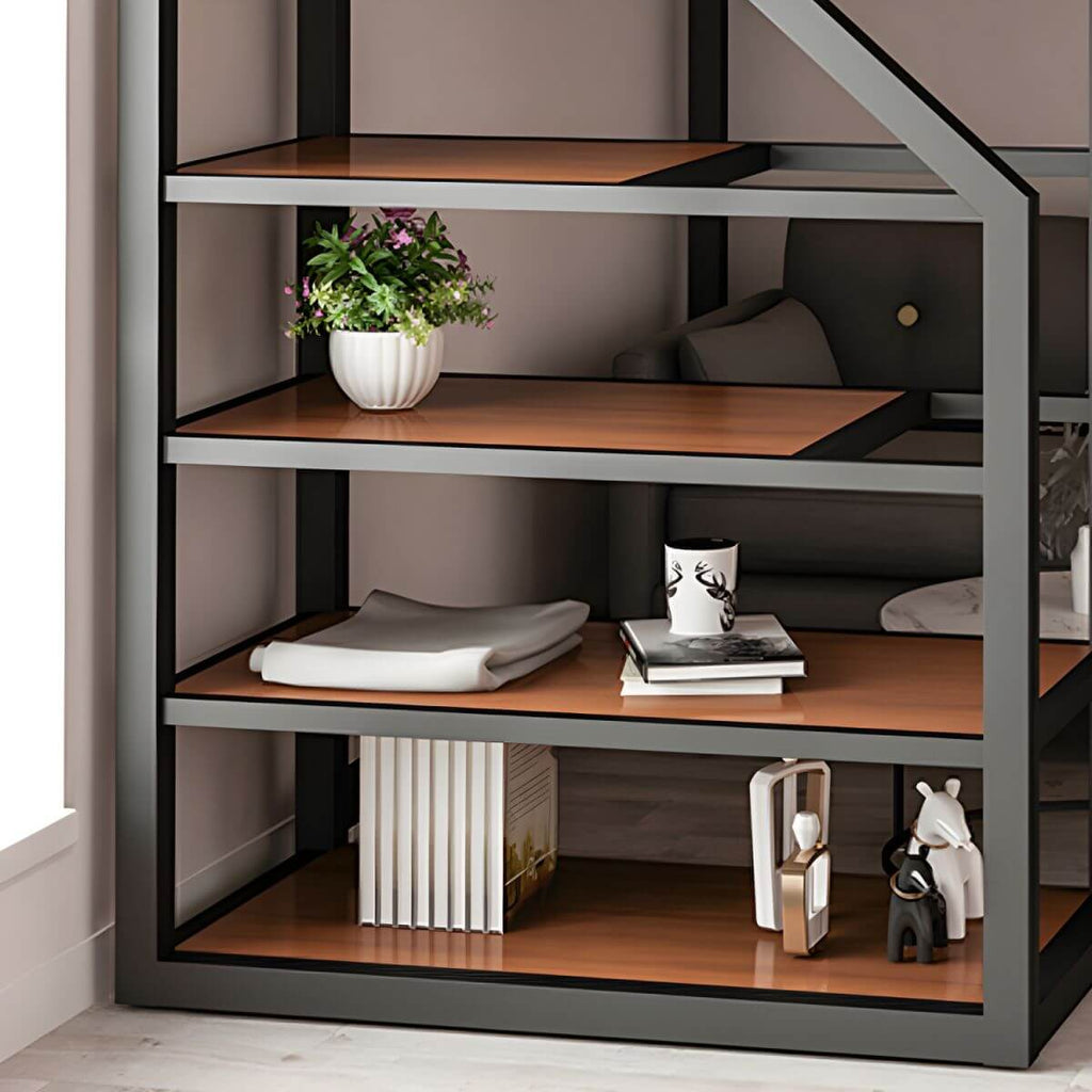 Modern Black Metal Loft Bed with Storage and Guardrails