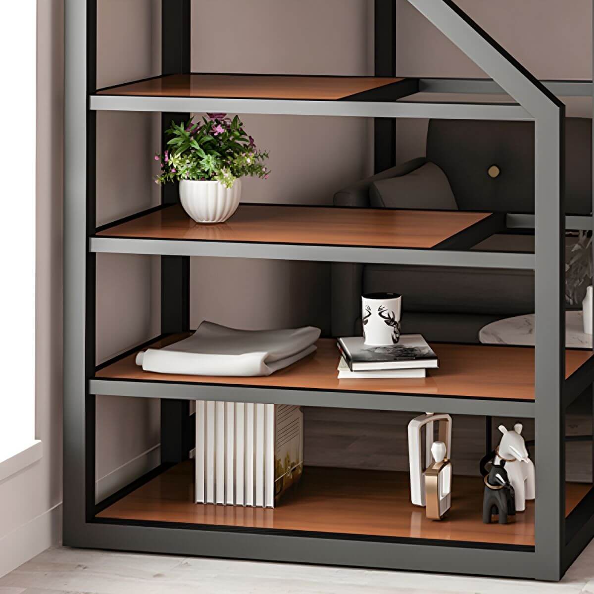 Modern Black Metal Loft Bed with Storage and Guardrails