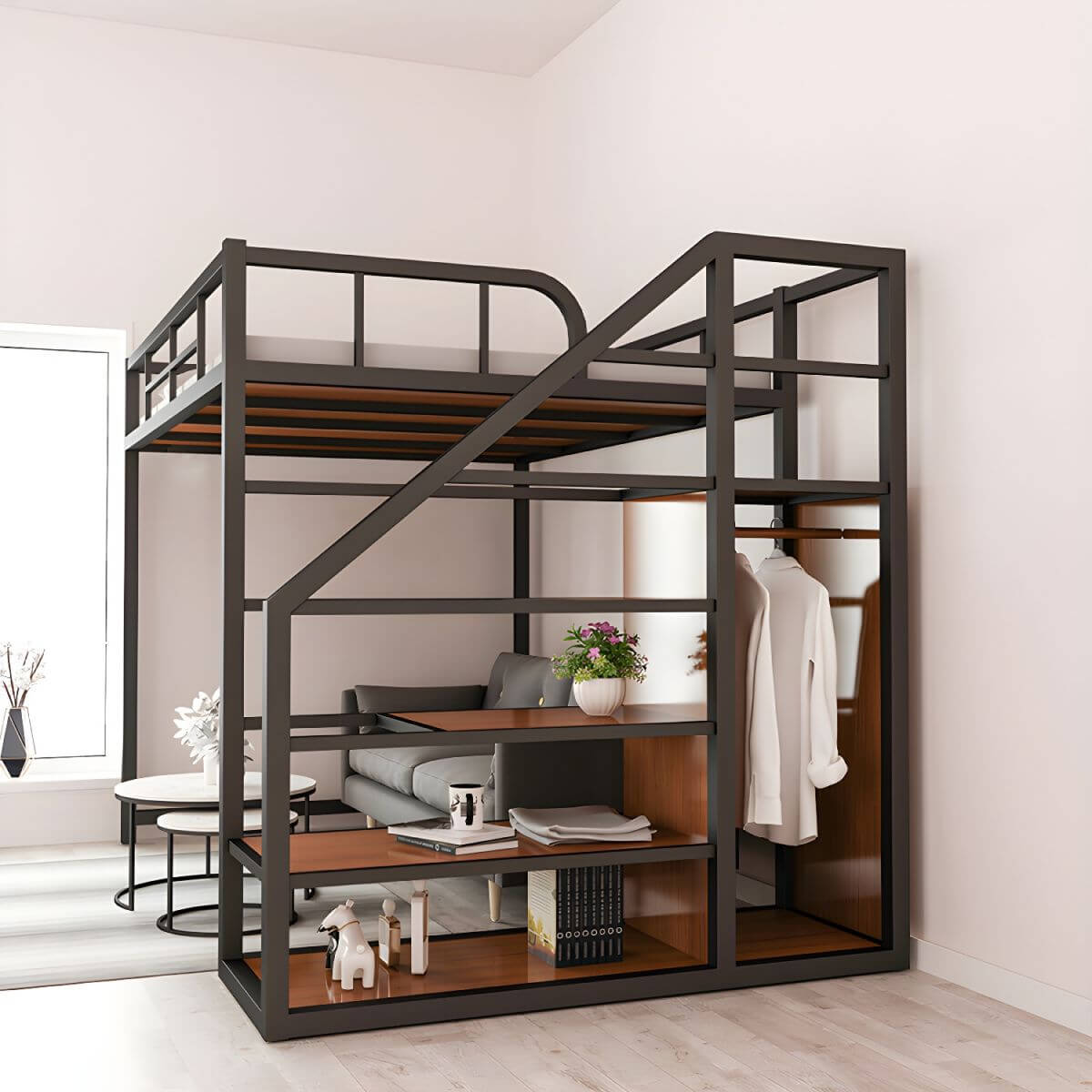 Modern Black Metal Loft Bed with Storage and Guardrails Image secondaire du produit