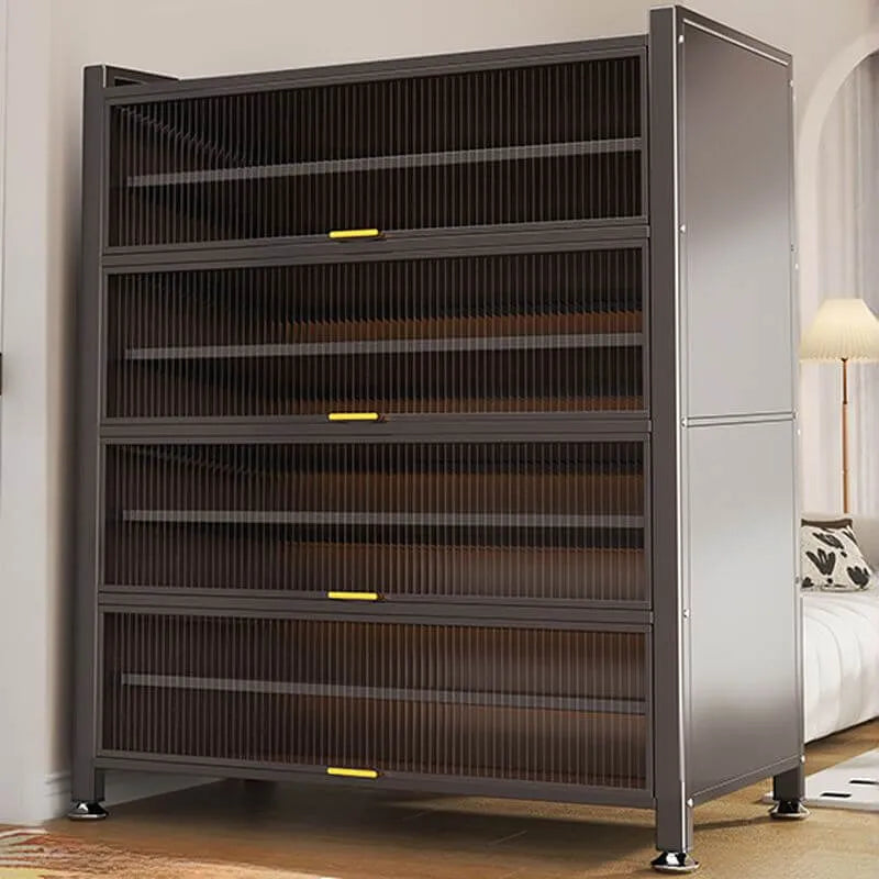 Modern Black Metal Shoe Storage Cabinet with Translucent Doors