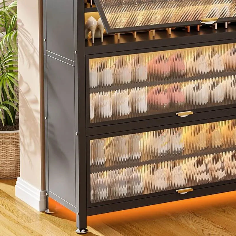 Modern Black Metal Shoe Storage Cabinet with Translucent Doors