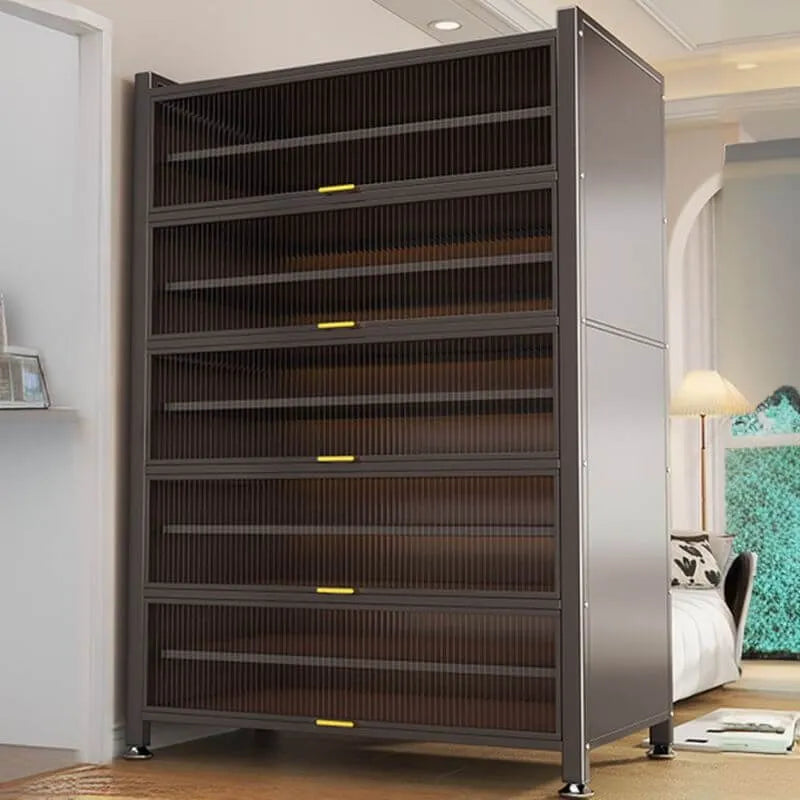 Modern Black Metal Shoe Storage Cabinet with Translucent Doors