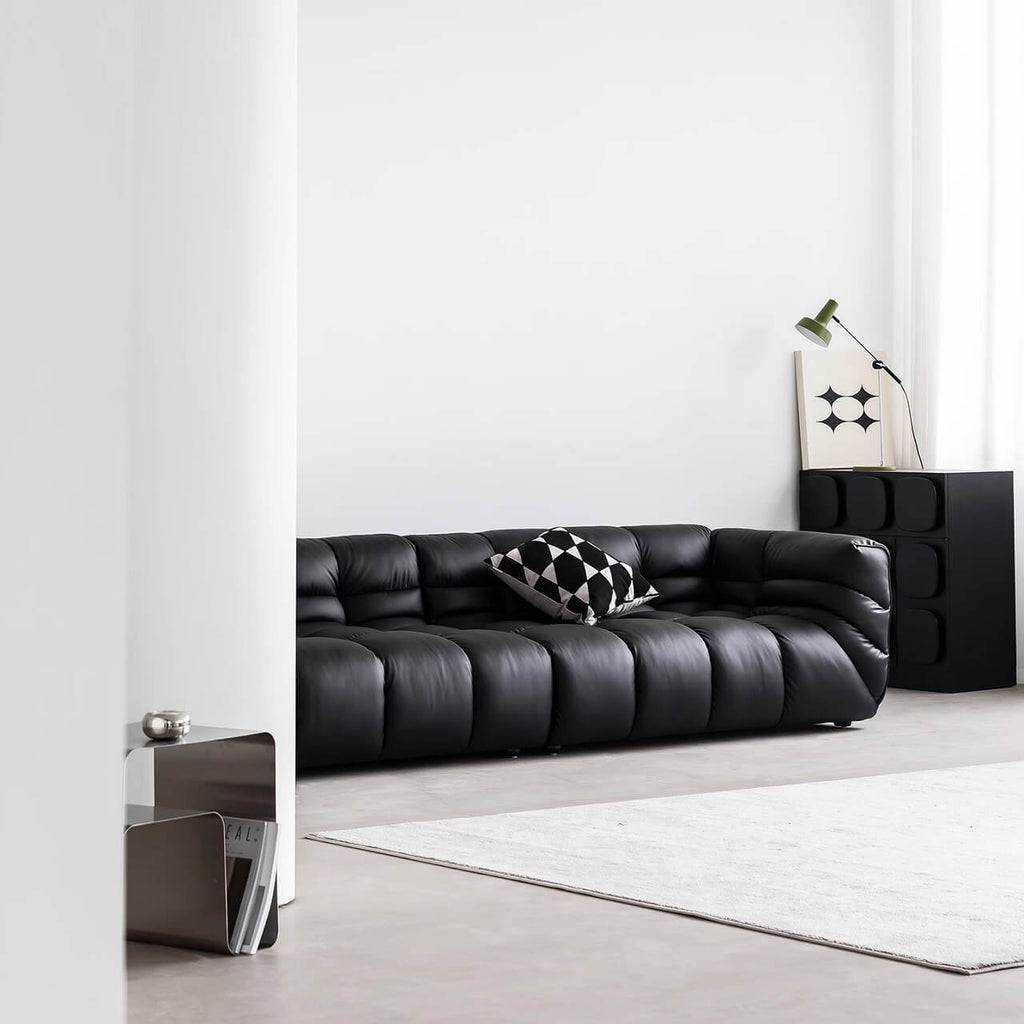 Black microfiber leather sectional sofa with solid wood frame, modern design for living room