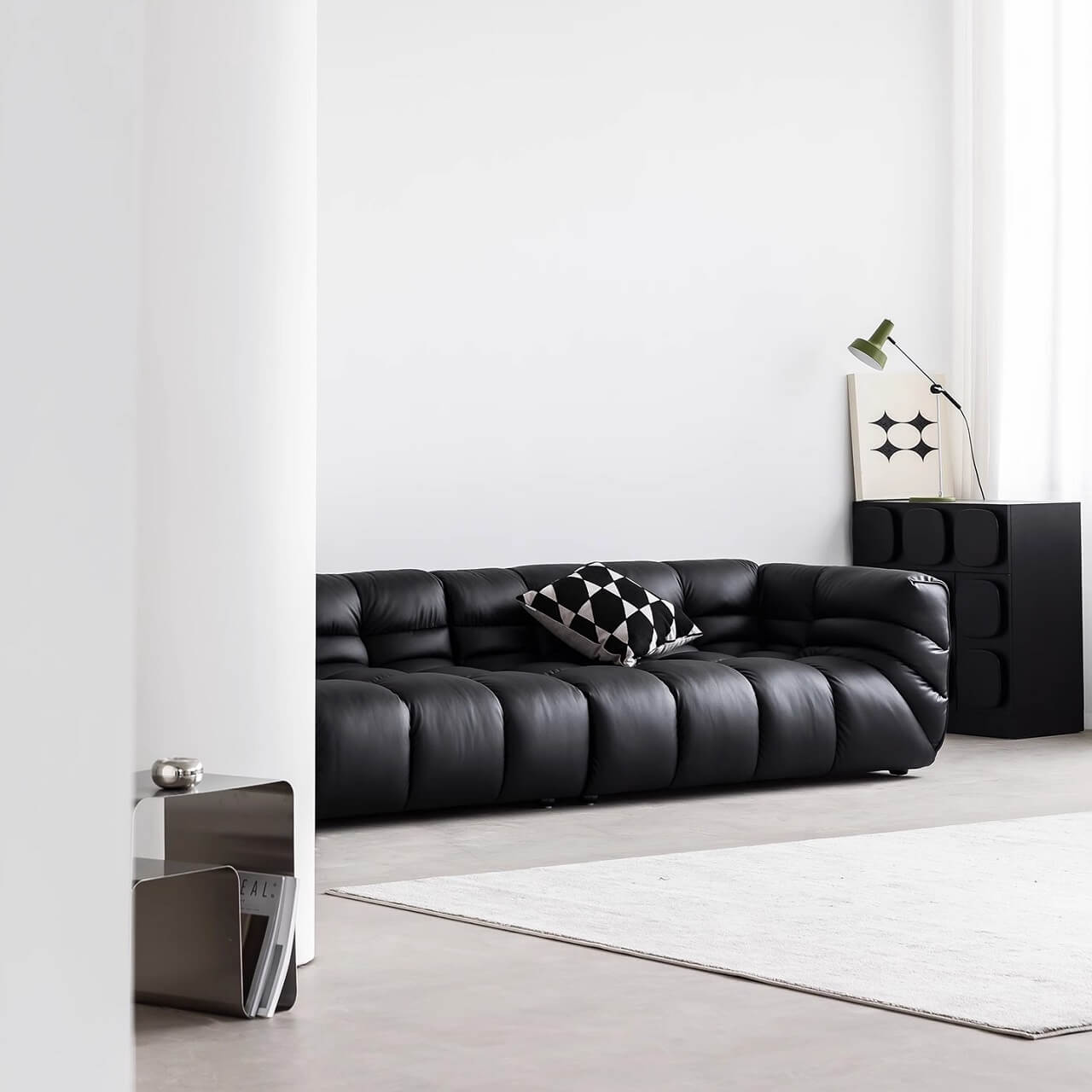 Black microfiber leather sectional sofa with solid wood frame, modern design for living room