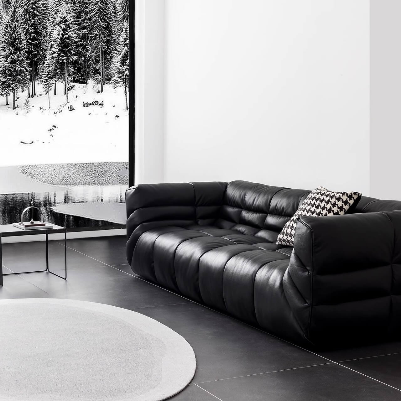 Black microfiber leather sectional sofa with solid wood frame, modern design for living room