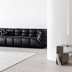 Black microfiber leather sectional sofa with solid wood frame, modern design for living room