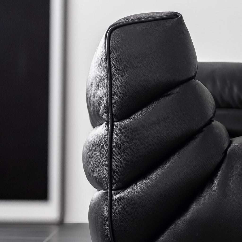 Black microfiber leather sectional sofa with solid wood frame, modern design for living room