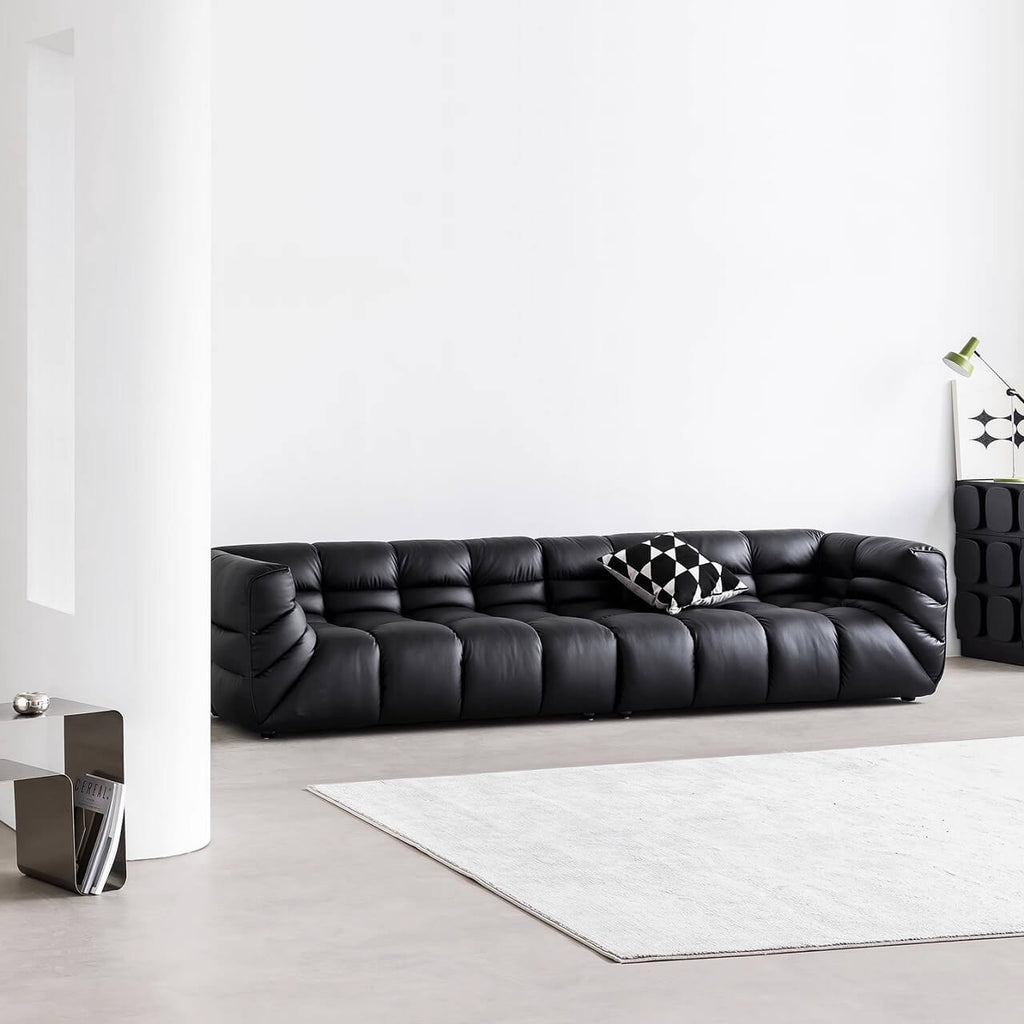 Black microfiber leather sectional sofa with solid wood frame, modern design for living room