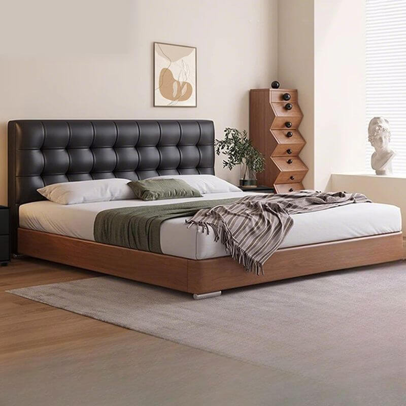Modern Black Upholstered Panel Bed with Elevated Storage