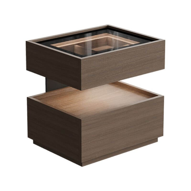 Modern Black/Walnut Drawer Storage with Glass Top and Lighting