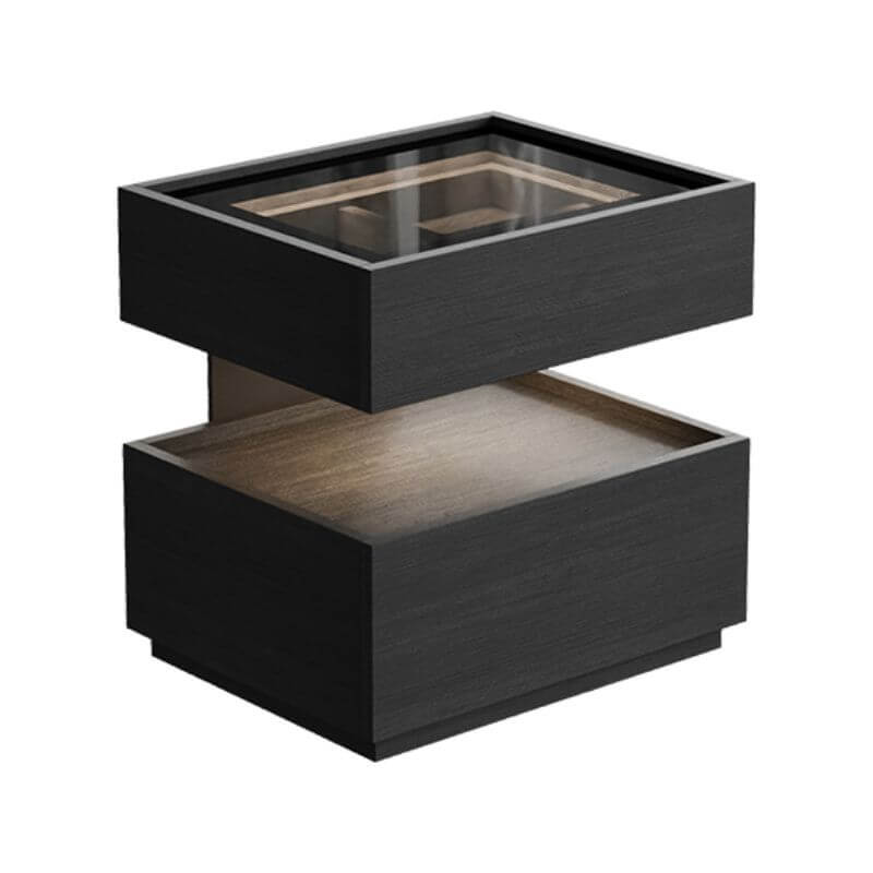 Modern Black/Walnut Drawer Storage with Glass Top and Lighting