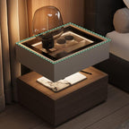 Modern Black/Walnut Drawer Storage with Glass Top and Lighting