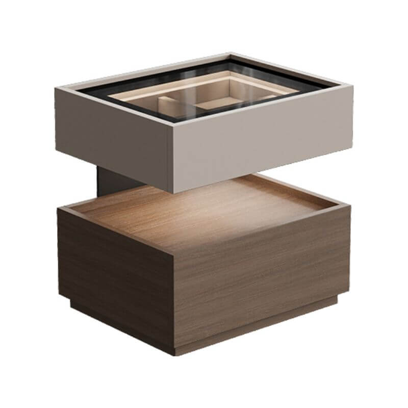 Modern Black/Walnut Drawer Storage with Glass Top and Lighting