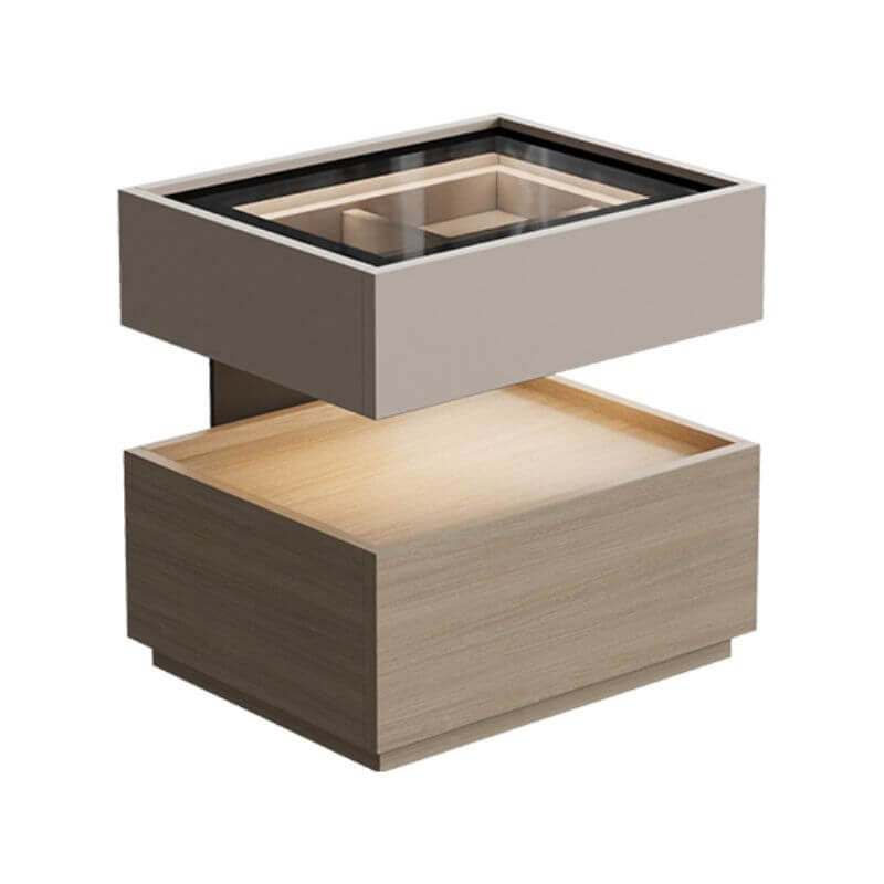 Modern Black/Walnut Drawer Storage with Glass Top and Lighting