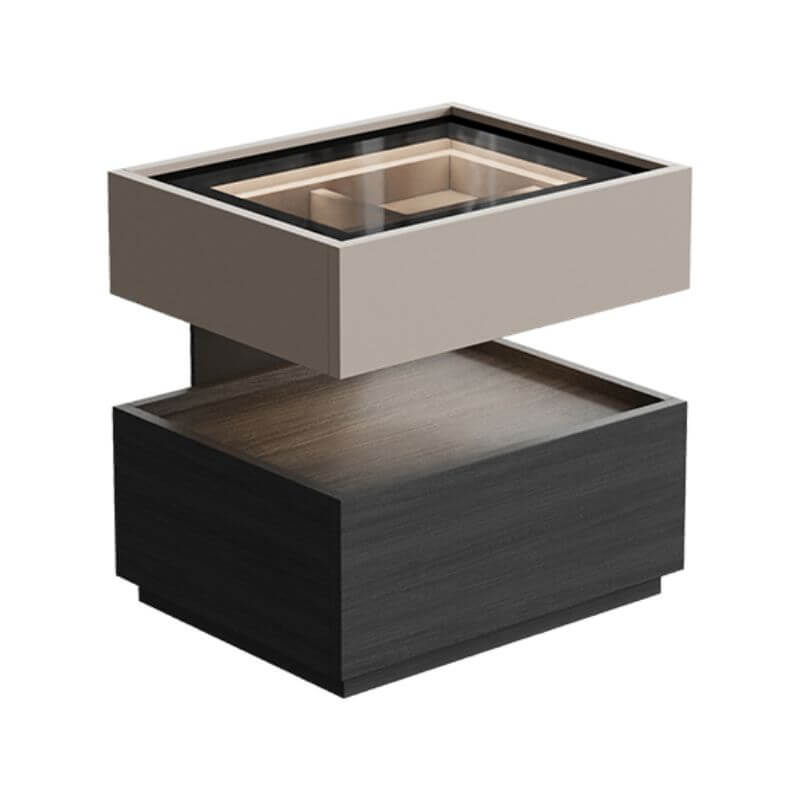 Modern Black/Walnut Drawer Storage with Glass Top and Lighting