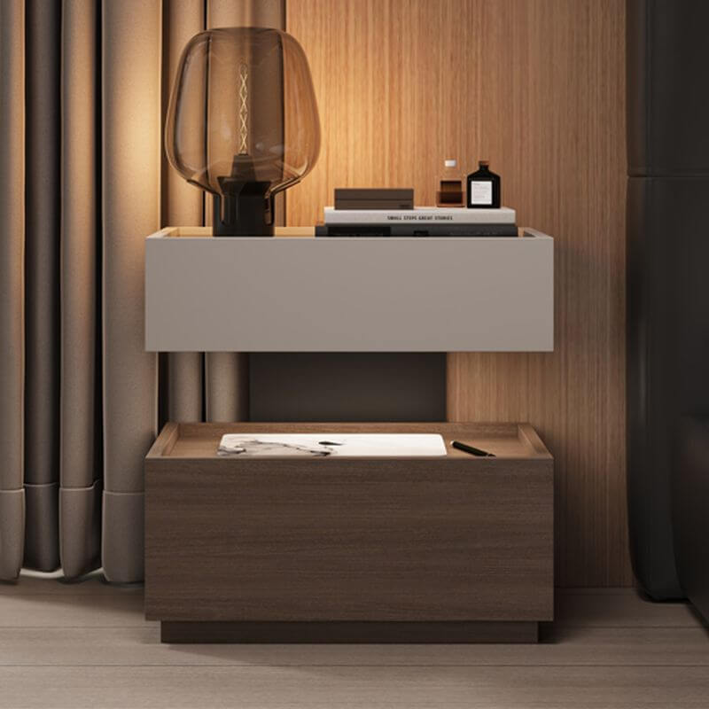 Modern Black/Walnut Drawer Storage with Glass Top and Lighting