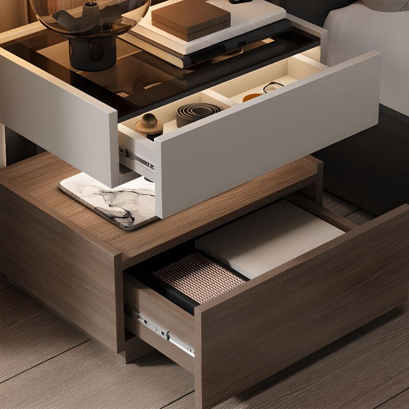 Modern Black/Walnut Drawer Storage with Glass Top and Lighting