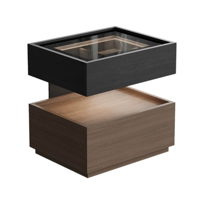 Modern Black/Walnut Drawer Storage with Glass Top and Lighting