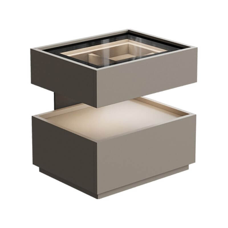 Modern Black/Walnut Drawer Storage with Glass Top and Lighting