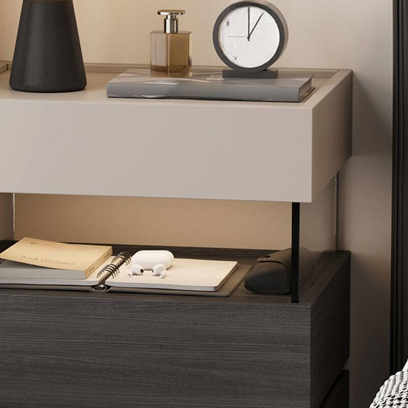 Modern Black/Walnut Wood Drawer Storage Nightstand with Lighting