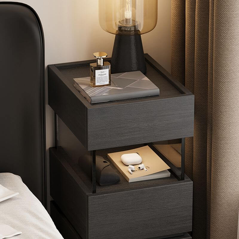 Modern Black/Walnut Wood Drawer Storage Nightstand with Lighting