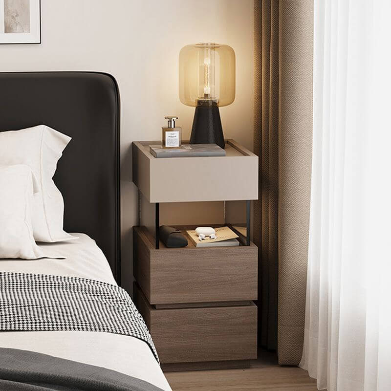 Modern Black/Walnut Wood Drawer Storage Nightstand with Lighting