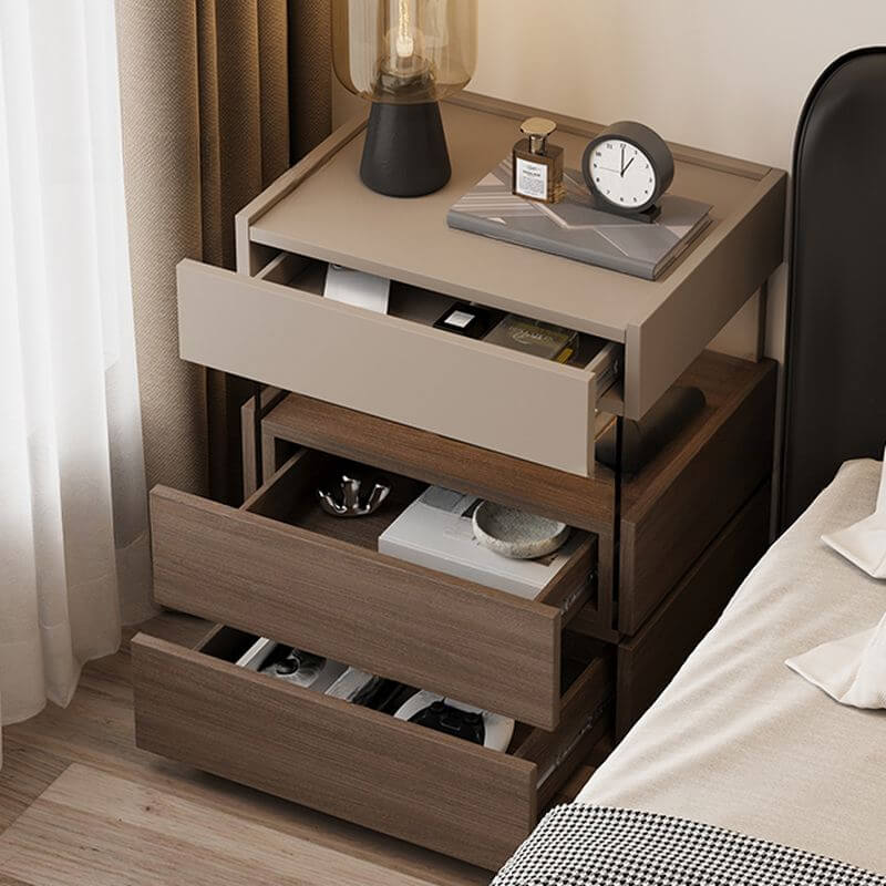 Modern Black/Walnut Wood Drawer Storage Nightstand with Lighting